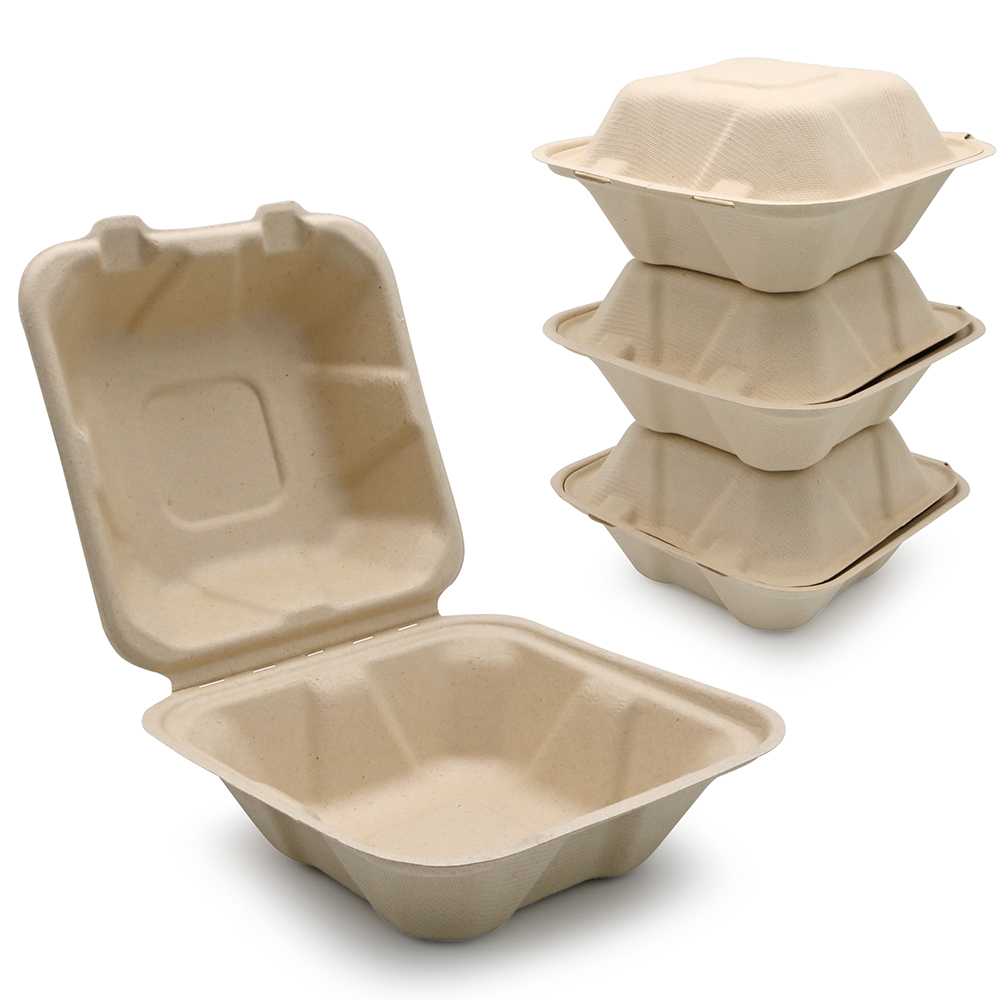 6*6 Inch Microwaveable Biodegradable Sugarcane Bagasse Fibre Pulp Paper Sugare Cane Hamburger Box