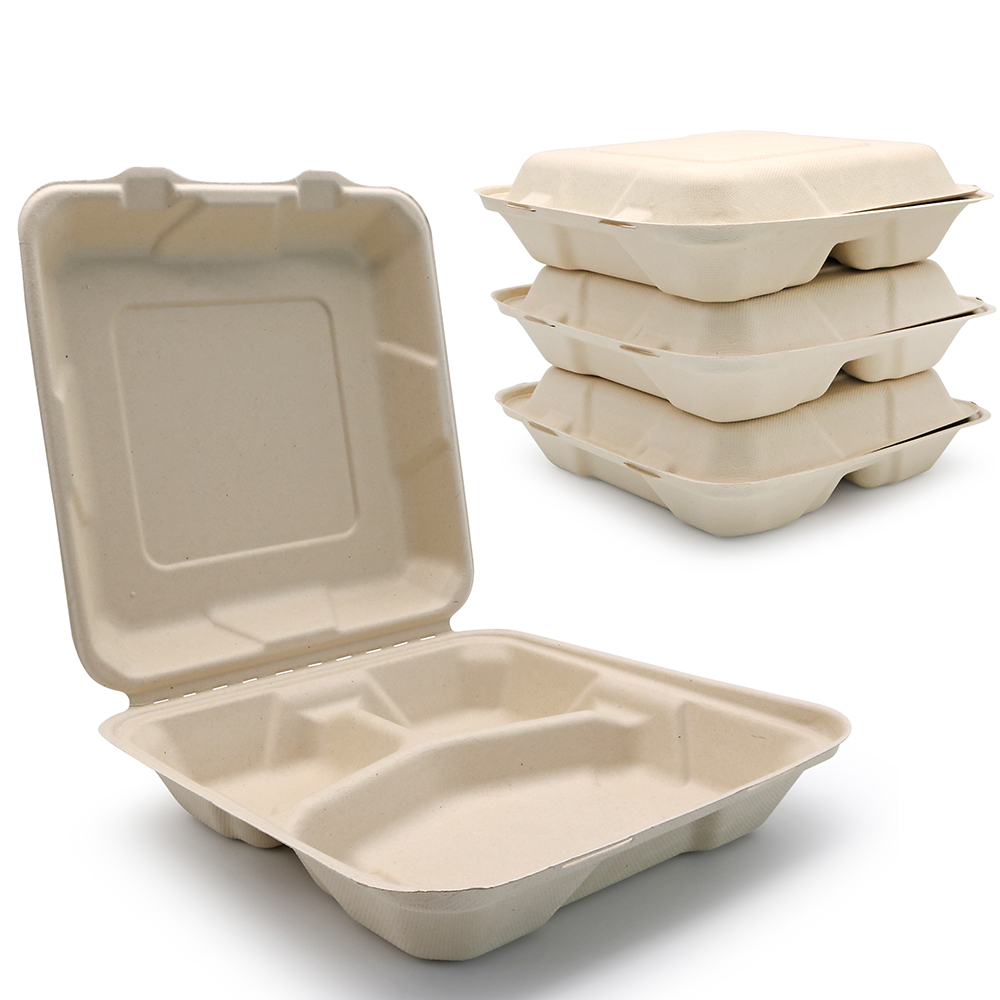 9*9 Inch 3 Compartment  Microwaveable Biodegradable Sugarcane Bagasse Fibre Pulp Paper Sugare Cane L