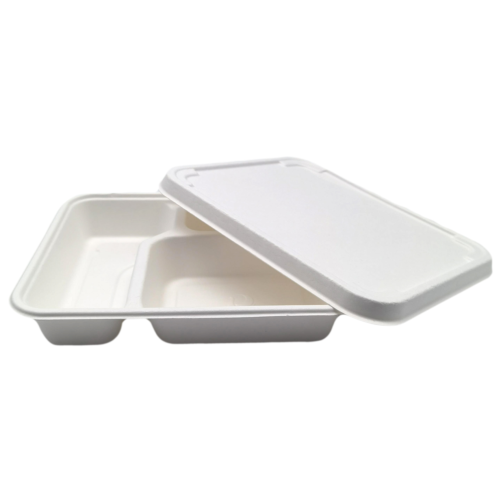 3 Compartment Microwaveable Biodegradable Sugarcane Bagasse Food Plate With Lid