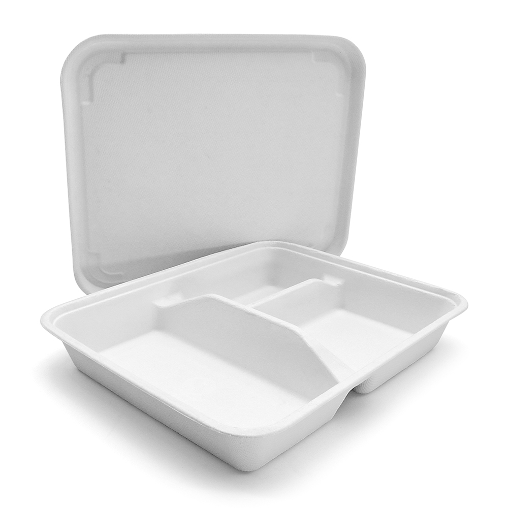 3 Compartment Restaurant Microwaveable Biodegradable Sugarcane Bagasse Food Plate With Lid
