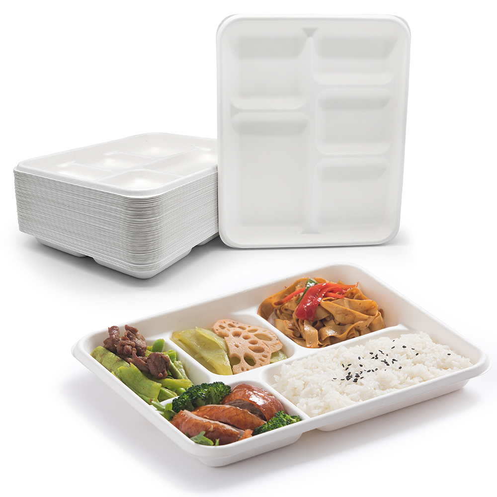 5 Compartment Restaurant Microwaveable Biodegradable Sugarcane Bagasse Food Plate 
