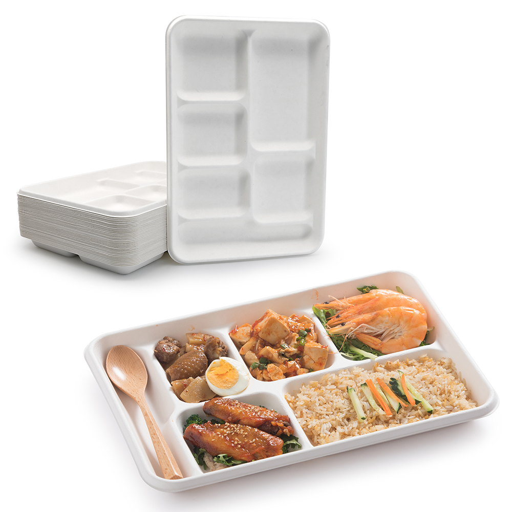 New 6 Compartment Restaurant Microwaveable Biodegradable Sugarcane Bagasse Food Plate 